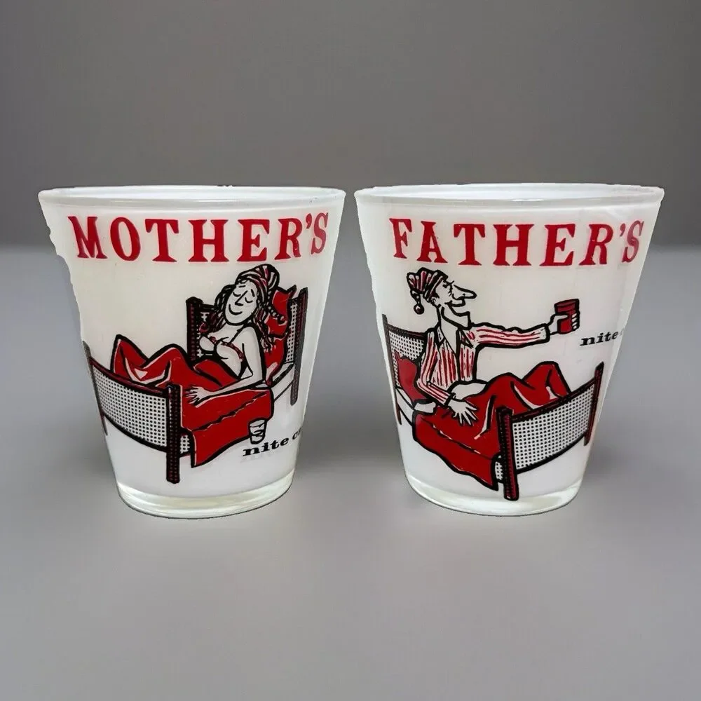 Vintage 50’s Mother's & Father's Nite Cap Highball Glasses frosted bar novelty